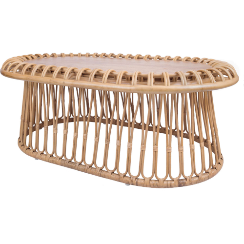 Galia Oval Coffee Table in Honey Brown Wood & Rattan